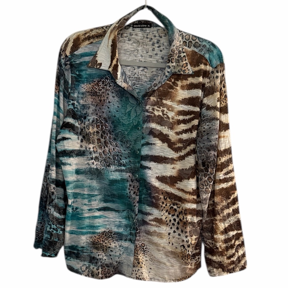 David Cline Skin Women XL‎ Teal and Brown Animal Print Button Down Shirt